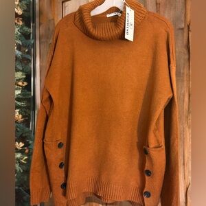 NWT Women's High Neck with Button Design Pullover Classy  Color Brown Size L